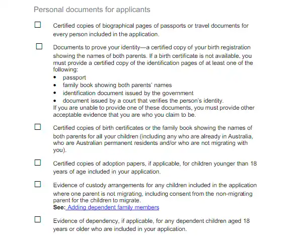 List of personal documents for applicants